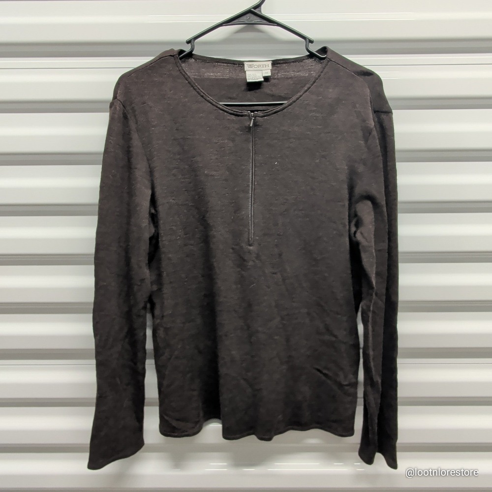 Worth Women's 100% Wool Quarter Zip Long Sleeve Top Brown Size 14 Lightweight